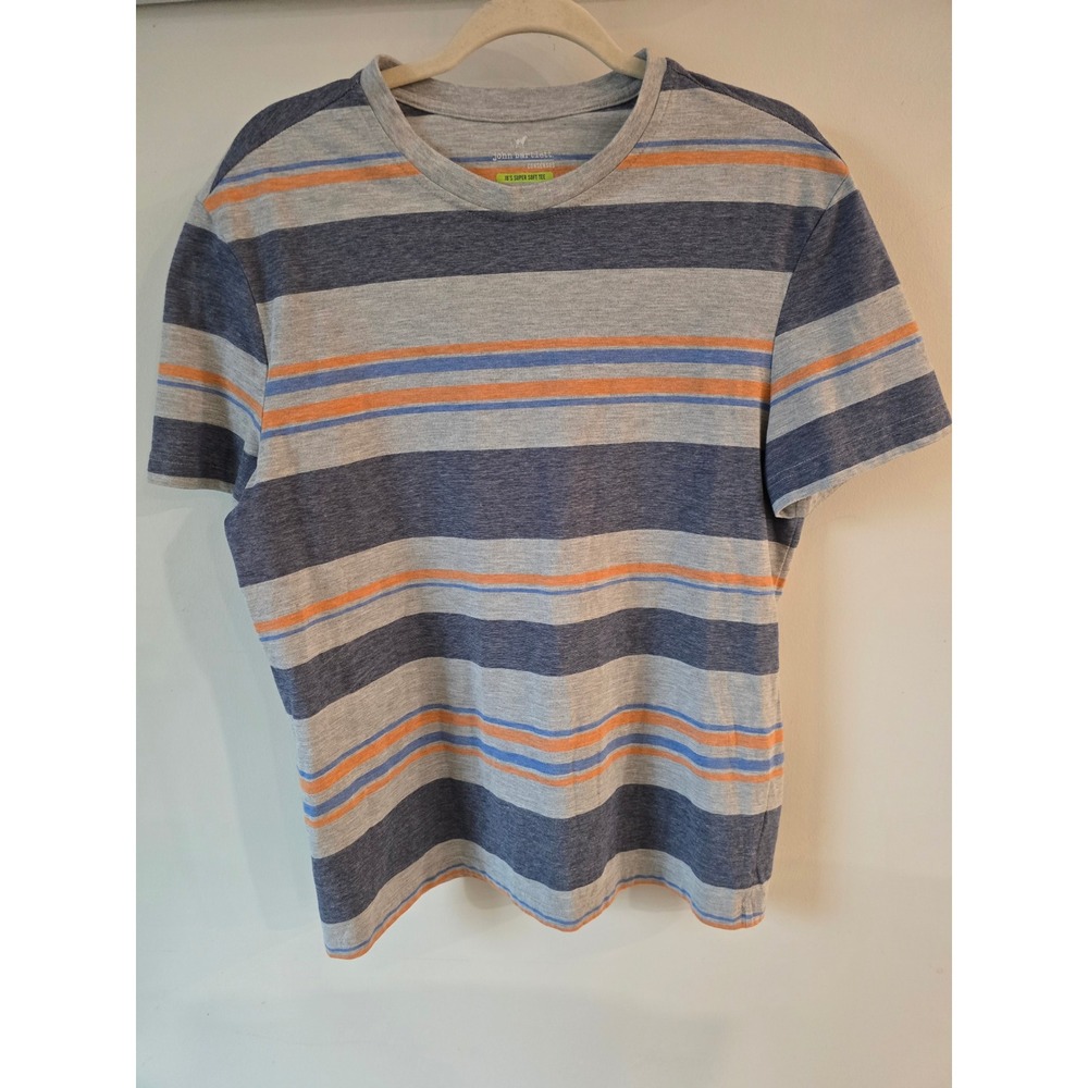 John Bartlett Consensus Mens Large Blue Grey Orange Striped Super Soft Tee Shirt